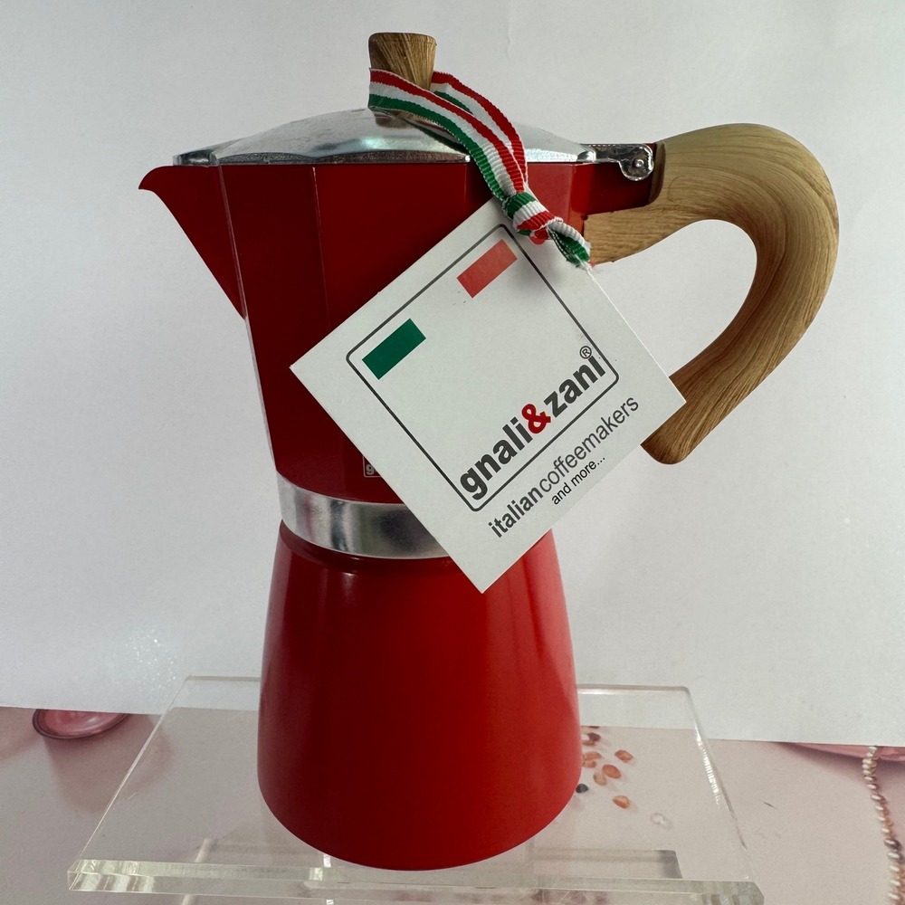 Gnali & Zani Red Stovetop Espresso Maker Moka Pot Wood Look Handle 8.5in